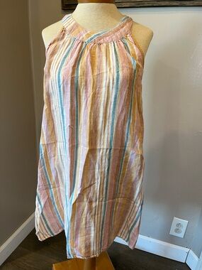 C&C California Multicolor Striped High Neck Sleevless 100% Linen Dress Women’s M